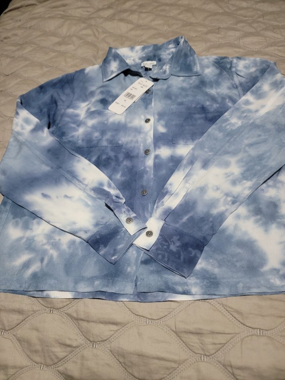 NWT Splendid girl's indigo tie-dye button-down cropped shirt,s.10